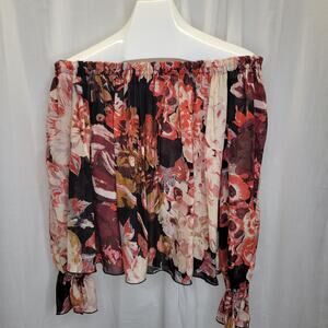 Elizabeth and James Sheer Silk Floral Off the Shoulder Top in Fall Colors, S
